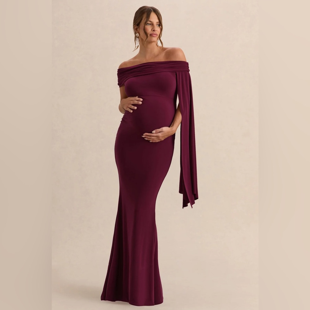 Club L London One-Shoulder Burgundy Maternity Gown
